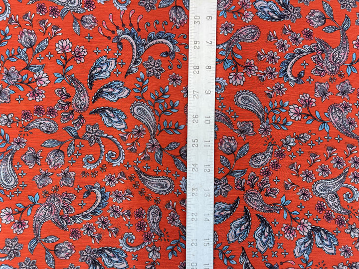 Chiffon fabric by the yard - Orange And Blue Paisley Print
