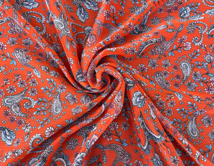 Chiffon fabric by the yard - Orange And Blue Paisley Print