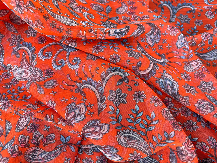 Chiffon fabric by the yard - Orange And Blue Paisley Print