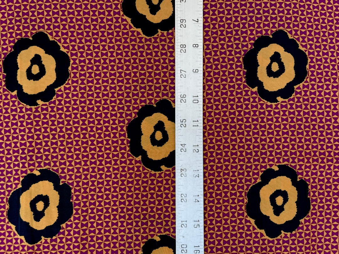 Peachskin  Fabric By The Yard - Black  And Yellow Flowers On Burgundy Pattern