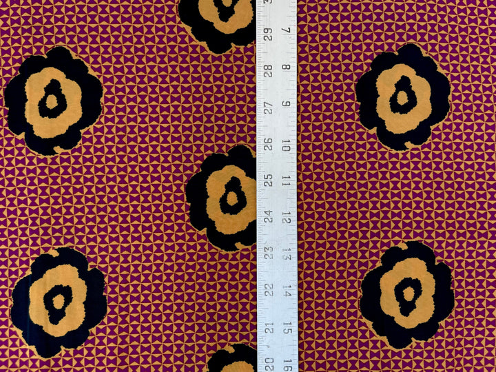 Peachskin  Fabric By The Yard - Black  And Yellow Flowers On Burgundy Pattern