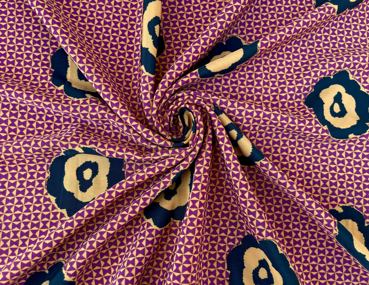 Peachskin  Fabric By The Yard - Black  And Yellow Flowers On Burgundy Pattern