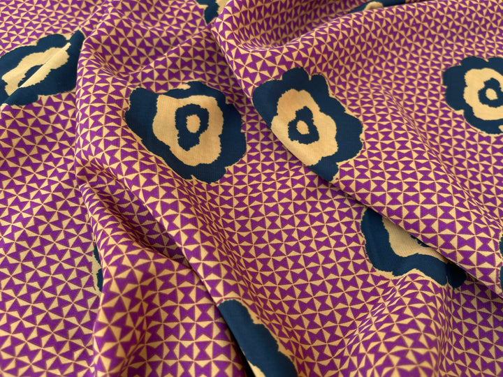 Peachskin  Fabric By The Yard - Black  And Yellow Flowers On Burgundy Pattern