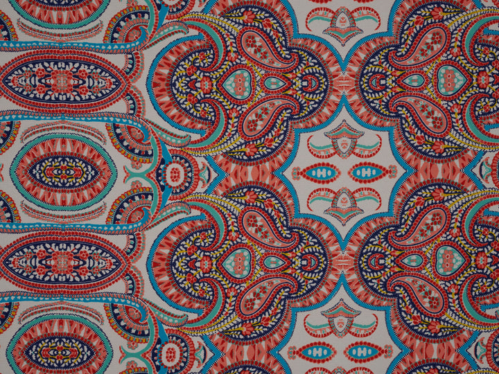 Georgette  boho tribal fabric by the yard - Orange teal turquoise paisley bohemian print