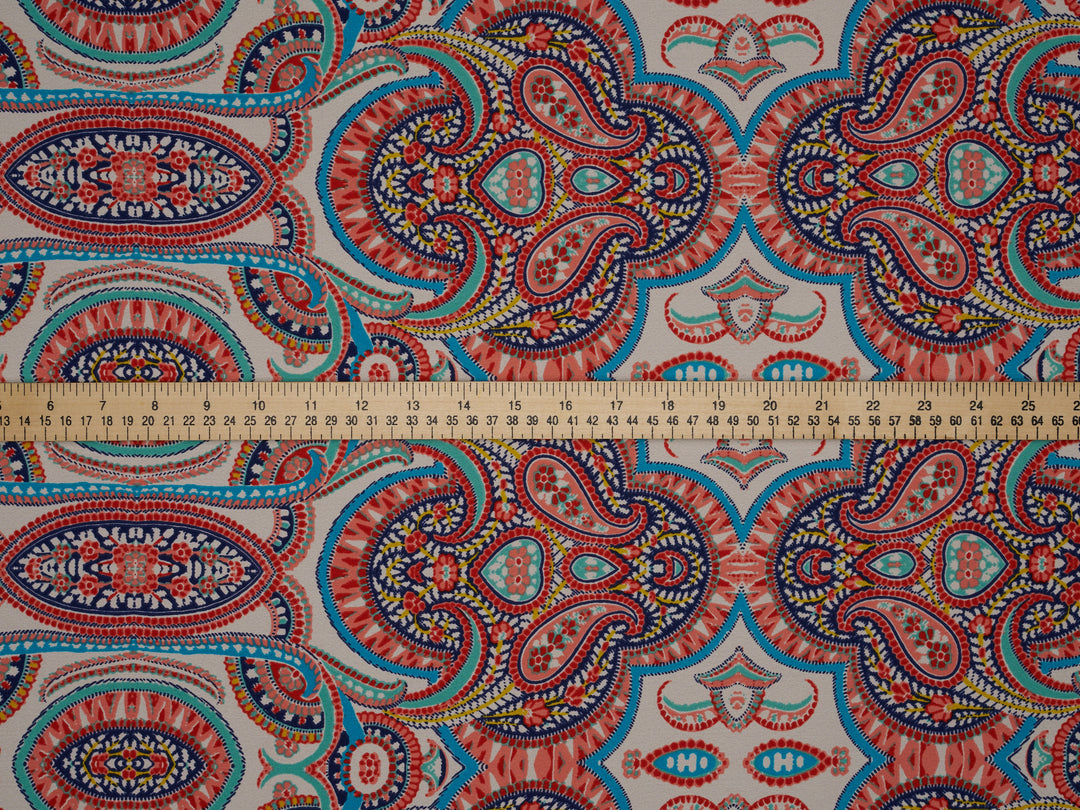 Georgette  boho tribal fabric by the yard - Orange teal turquoise paisley bohemian print