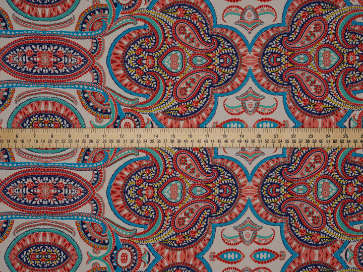 Georgette  boho tribal fabric by the yard - Orange teal turquoise paisley bohemian print