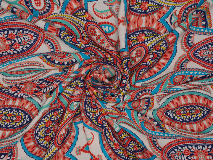 Georgette  boho tribal fabric by the yard - Orange teal turquoise paisley bohemian print