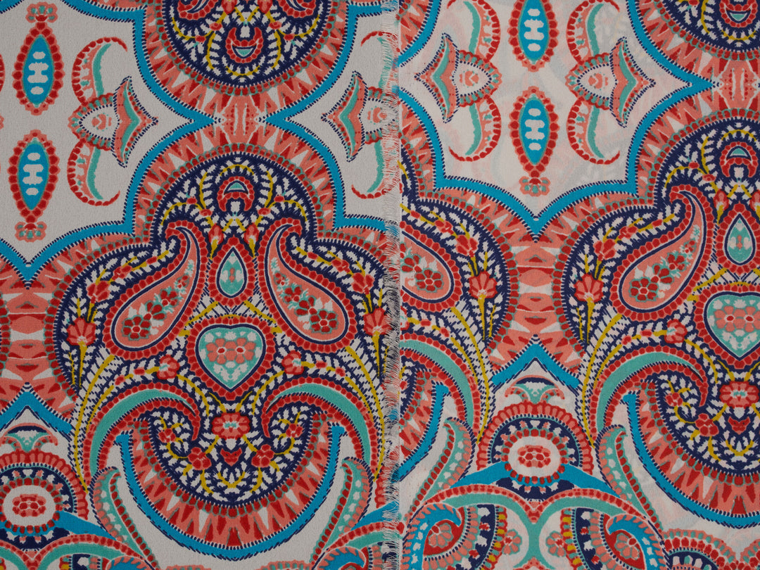 Georgette  boho tribal fabric by the yard - Orange teal turquoise paisley bohemian print