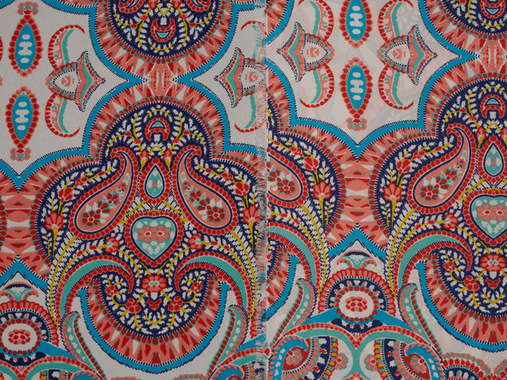 Georgette  boho tribal fabric by the yard - Orange teal turquoise paisley bohemian print