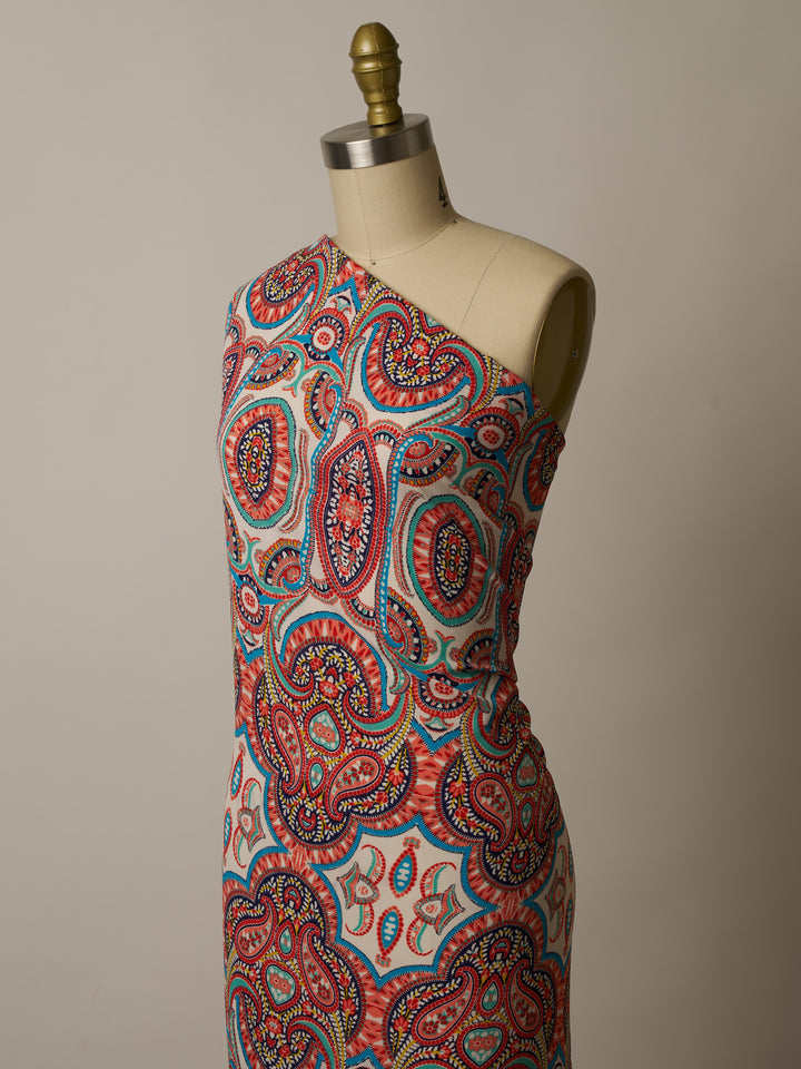 Georgette  boho tribal fabric by the yard - Orange teal turquoise paisley bohemian print