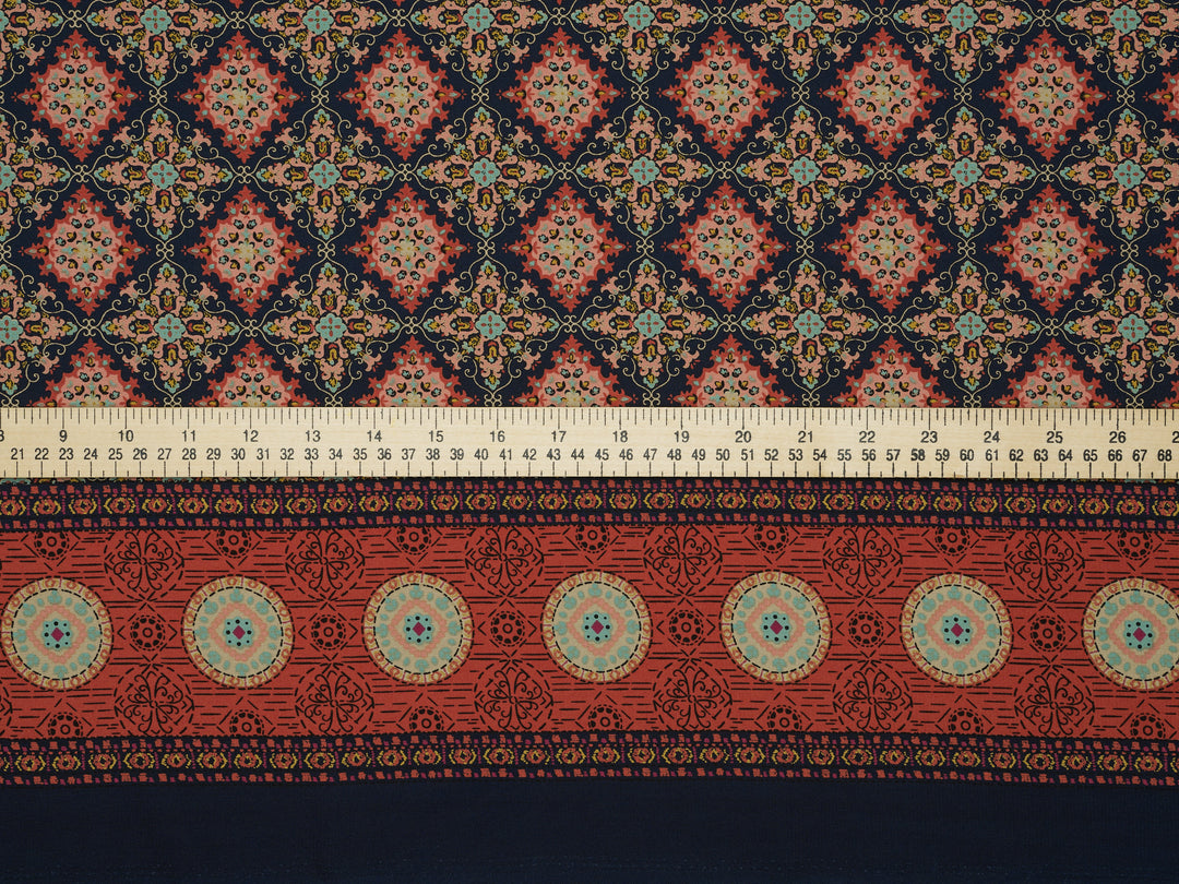 Orange and blue medallion border  Woolpeach fabric by the yard - soft flowy fabric