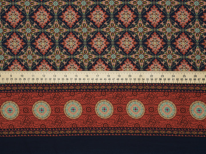 Orange and blue medallion border  Woolpeach fabric by the yard - soft flowy fabric