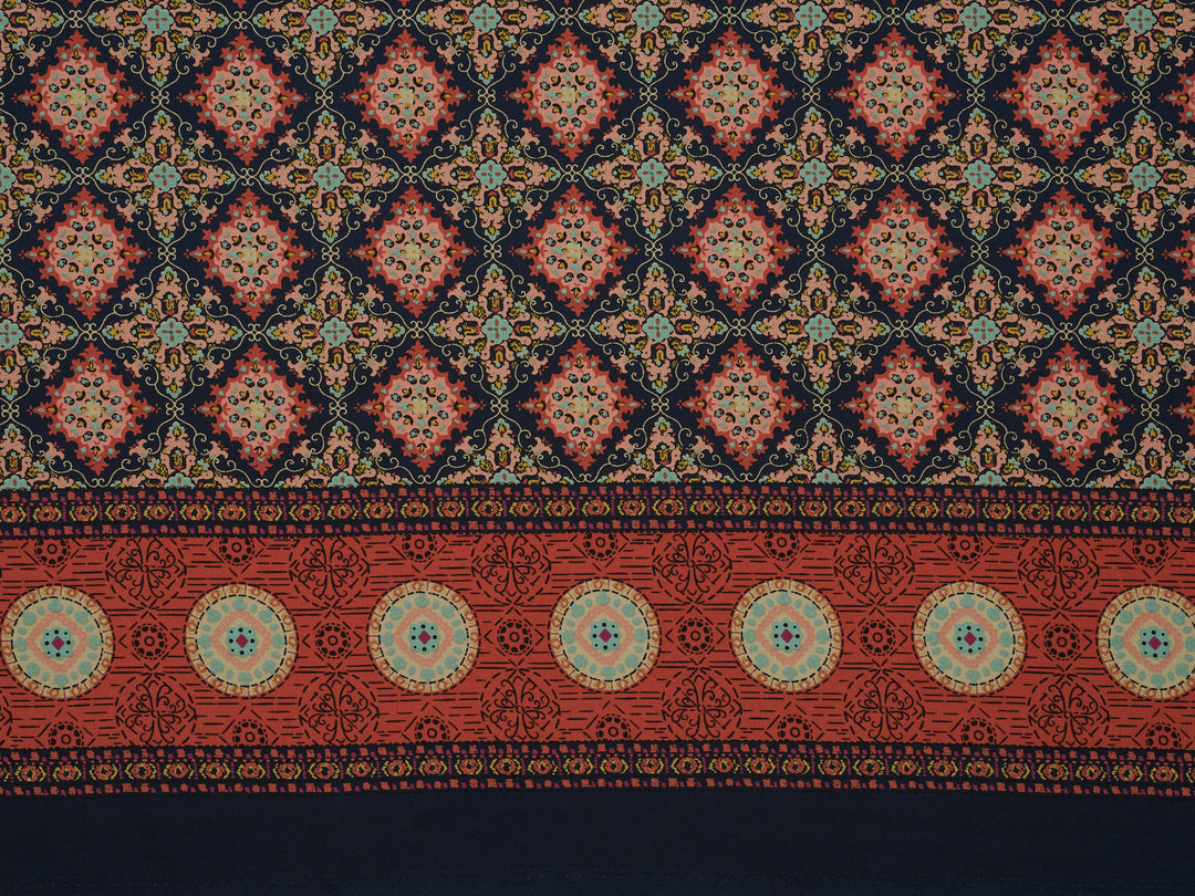 Orange and blue medallion border  Woolpeach fabric by the yard - soft flowy fabric