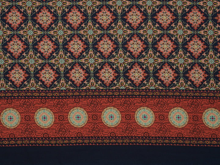 Orange and blue medallion border  Woolpeach fabric by the yard - soft flowy fabric