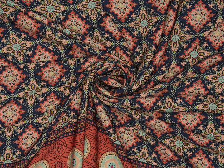 Orange and blue medallion border  Woolpeach fabric by the yard - soft flowy fabric