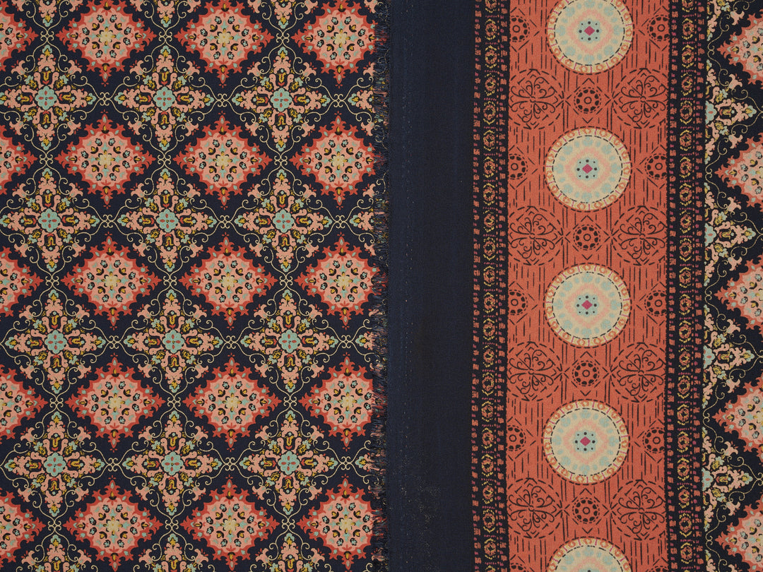 Orange and blue medallion border  Woolpeach fabric by the yard - soft flowy fabric