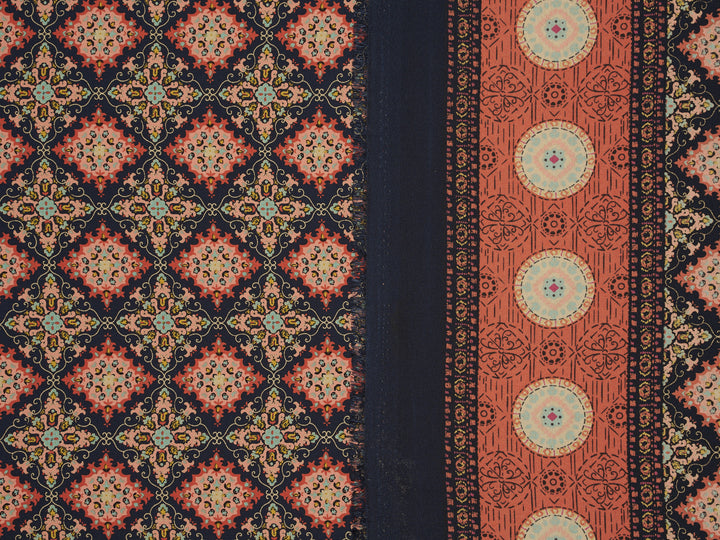 Orange and blue medallion border  Woolpeach fabric by the yard - soft flowy fabric