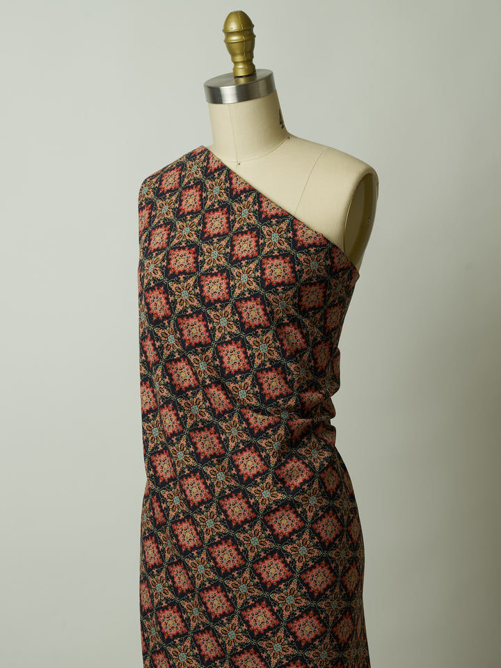 Orange and blue medallion border  Woolpeach fabric by the yard - soft flowy fabric