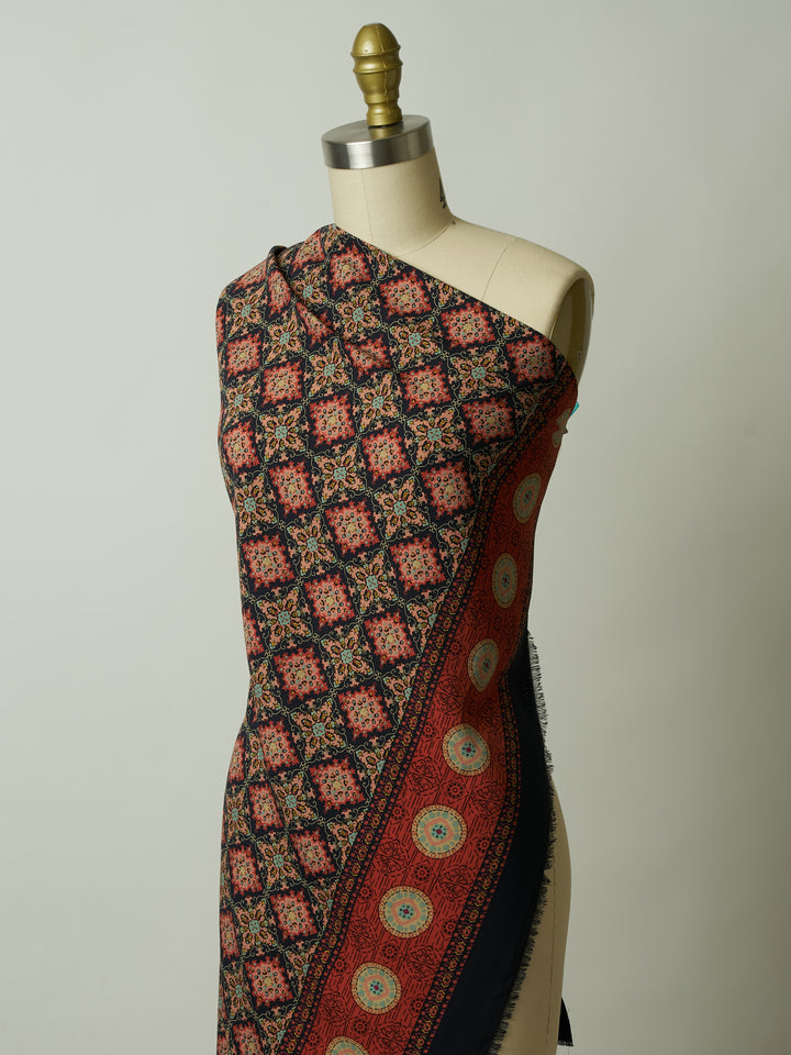 Orange and blue medallion border  Woolpeach fabric by the yard - soft flowy fabric