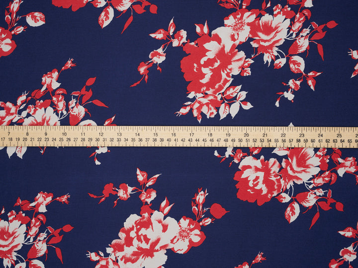 Silky Satin  Lightweight   Fabric - Red Flowers on Blue Floral Print