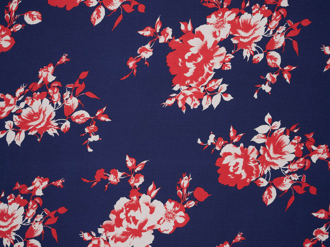 Silky Satin  Lightweight   Fabric - Red Flowers on Blue Floral Print
