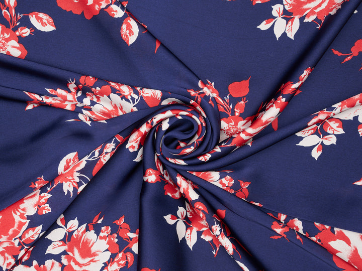 Silky Satin  Lightweight   Fabric - Red Flowers on Blue Floral Print