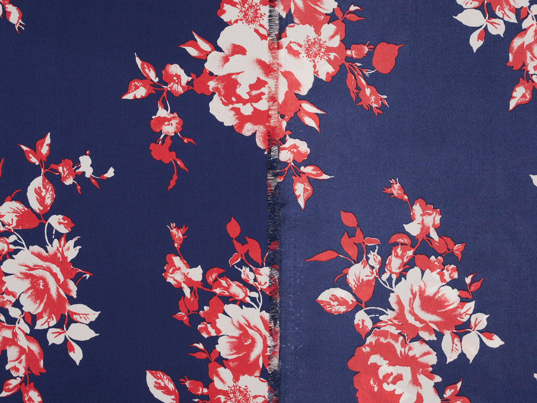 Silky Satin  Lightweight   Fabric - Red Flowers on Blue Floral Print