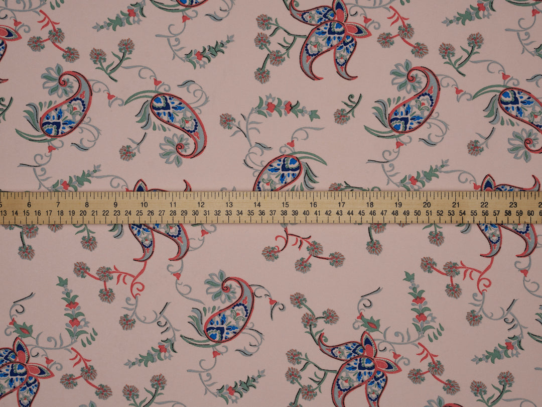 Light pink with green and red paisley floral  boho pattern - georgette  fabric by the yard