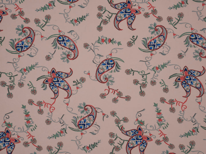 Light pink with green and red paisley floral  boho pattern - georgette  fabric by the yard