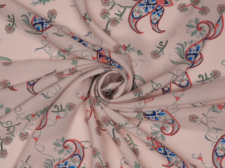 Light pink with green and red paisley floral  boho pattern - georgette  fabric by the yard