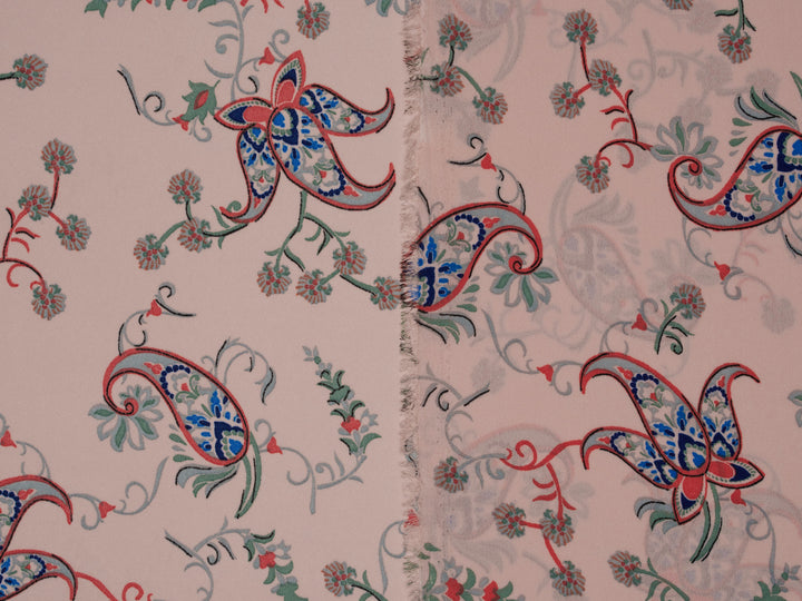 Light pink with green and red paisley floral  boho pattern - georgette  fabric by the yard