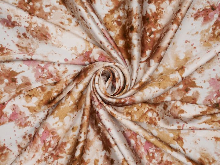 Silky Satin  Lightweight   Fabric - Caramel Ivory Abstract Print