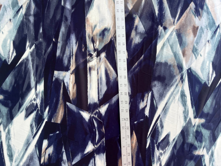 Lightweight  satin  fabric - Blue Tan Gray  Print