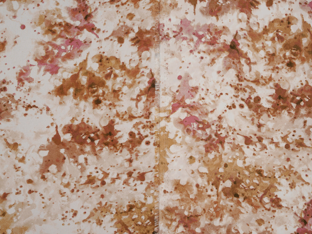 Silky Satin  Lightweight   Fabric - Caramel Ivory Abstract Print