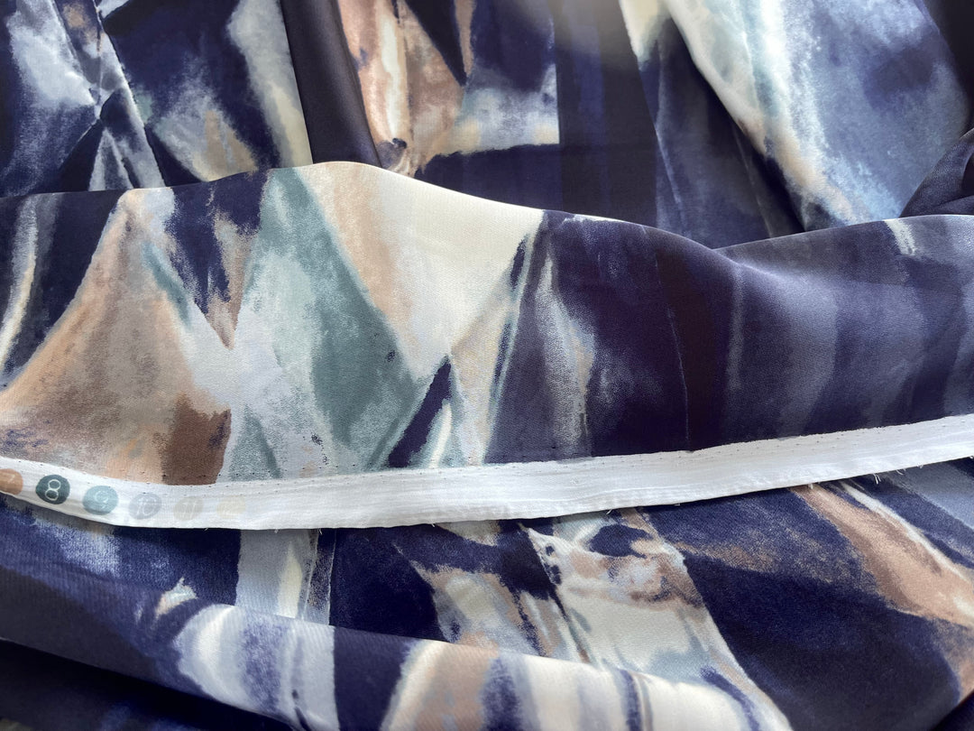 Lightweight  satin  fabric - Blue Tan Gray  Print