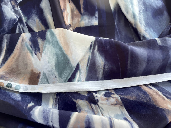 Lightweight  satin  fabric - Blue Tan Gray  Print