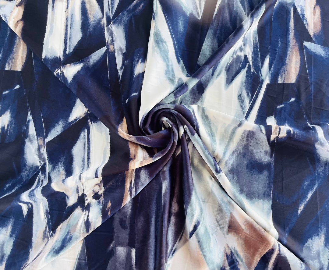 Lightweight  satin  fabric - Blue Tan Gray  Print