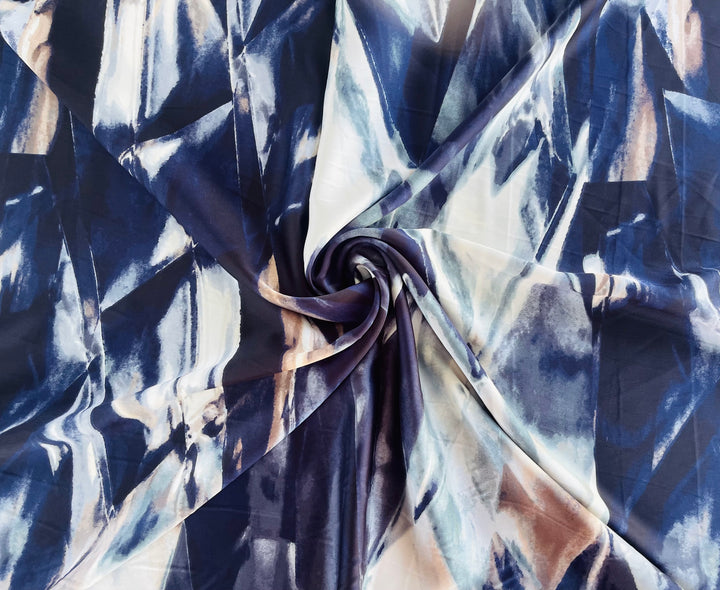 Lightweight  satin  fabric - Blue Tan Gray  Print