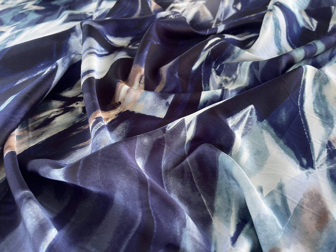 Lightweight  satin  fabric - Blue Tan Gray  Print