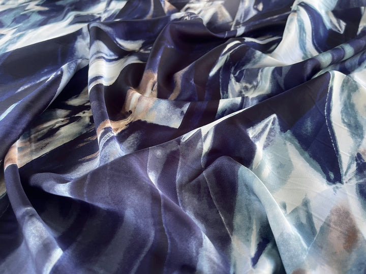 Lightweight  satin  fabric - Blue Tan Gray  Print