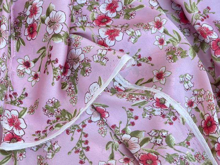 Lightweight  satin  fabric - Pink red and green  floral print