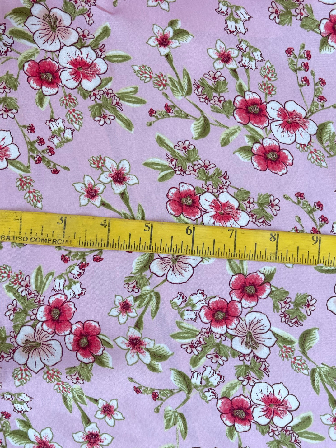 Lightweight  satin  fabric - Pink red and green  floral print