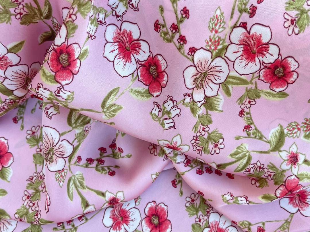 Lightweight  satin  fabric - Pink red and green  floral print