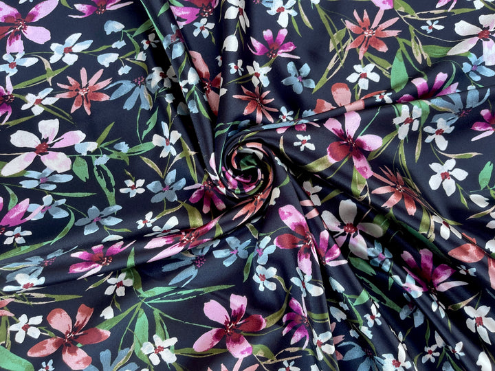 Faux silk charmeuse satin fabric by the yard -  Wildflowers print