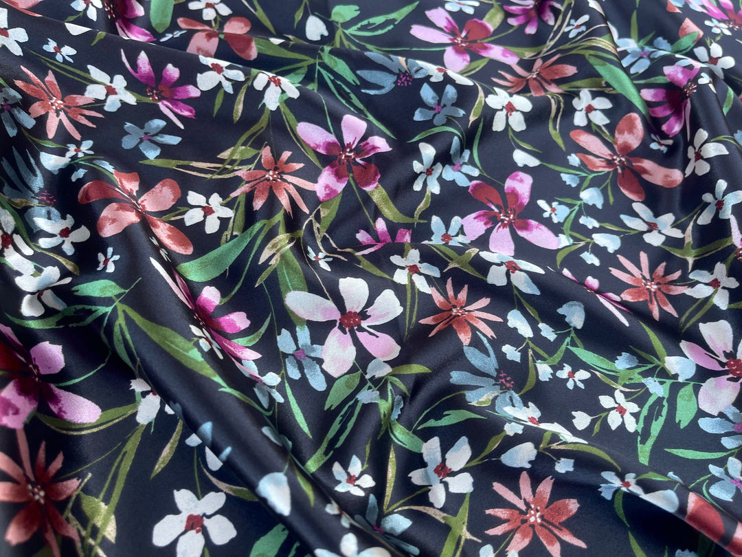 Faux silk charmeuse satin fabric by the yard -  Wildflowers print