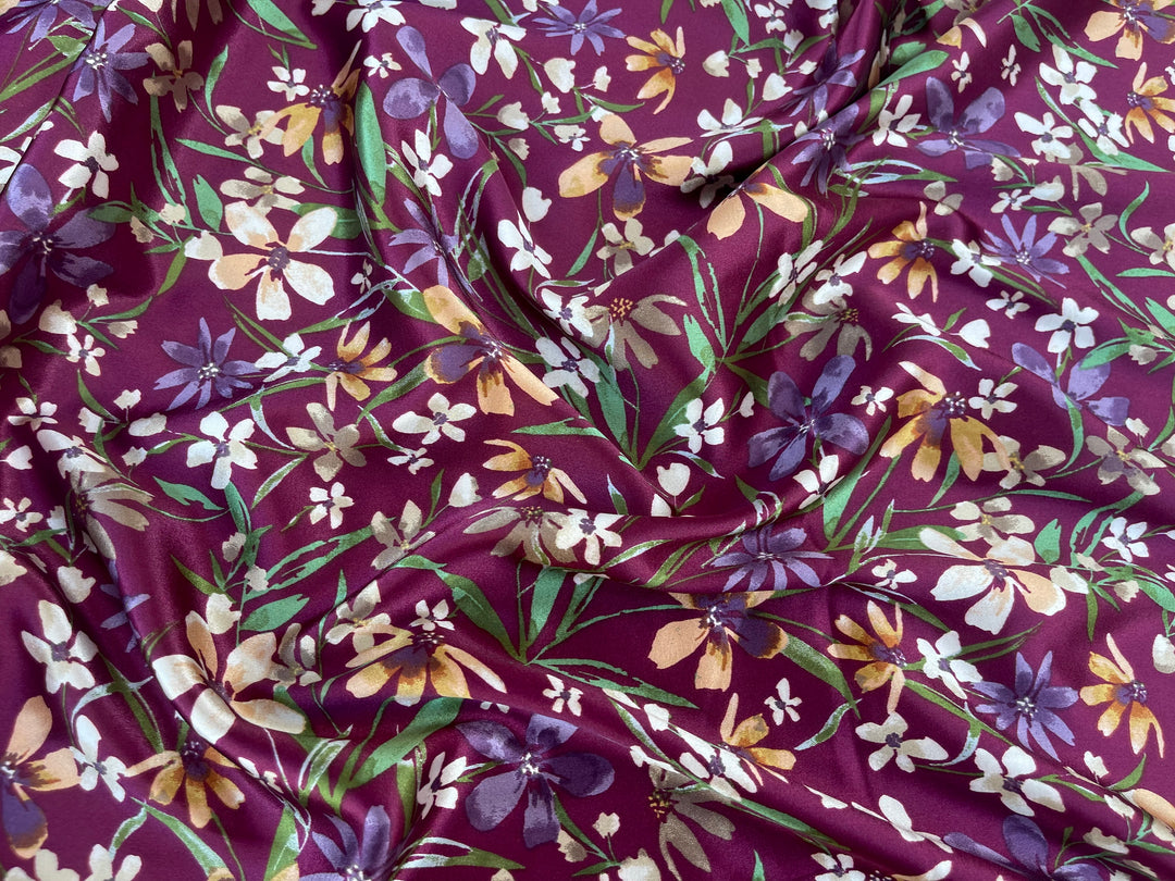 Faux silk charmeuse satin fabric by the yard -  Wildflowers print