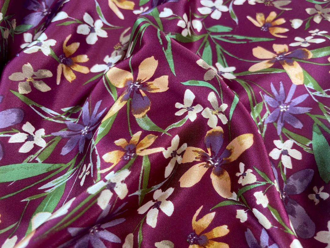 Faux silk charmeuse satin fabric by the yard -  Wildflowers print