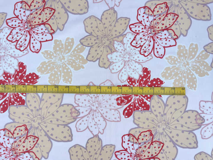 Lightweight  satin  fabric - Off white red yellow  floral print