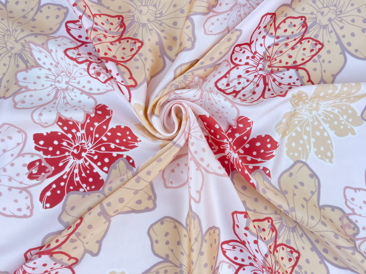 Lightweight  satin  fabric - Off white red yellow  floral print