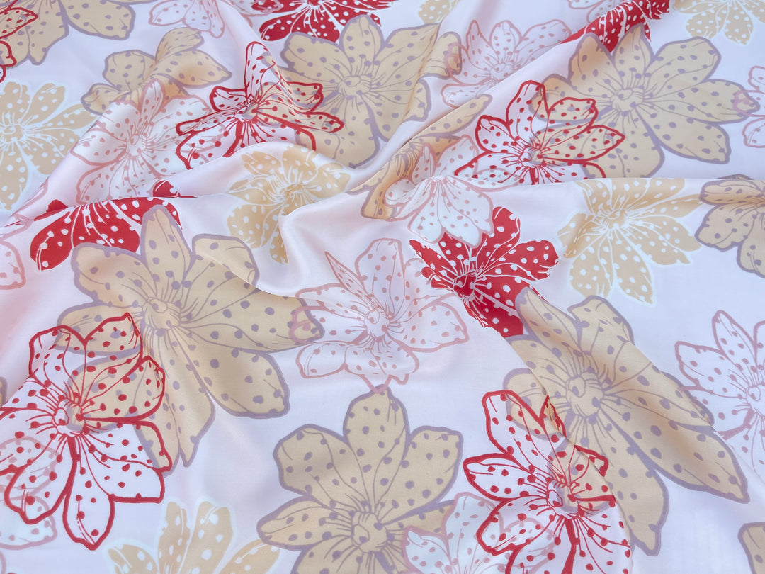 Lightweight  satin  fabric - Off white red yellow  floral print